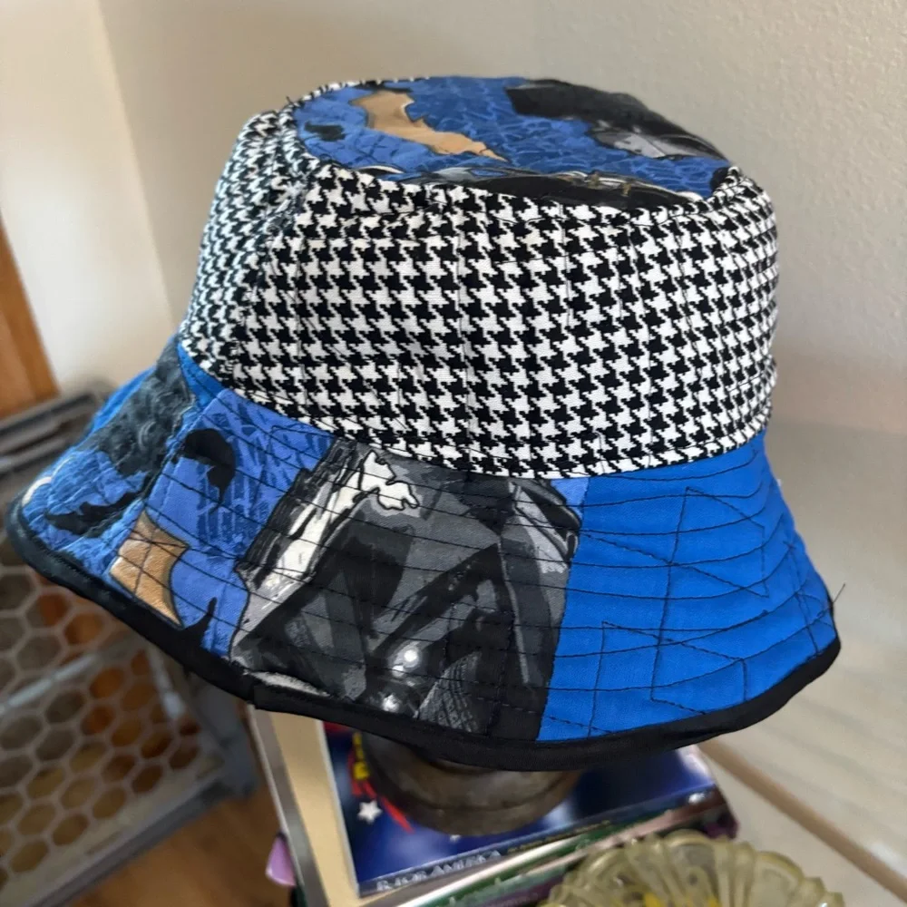 22” Batman/Houndstooth‎ Blue and Black Reversible Bucket Hat Hand Crafted 003